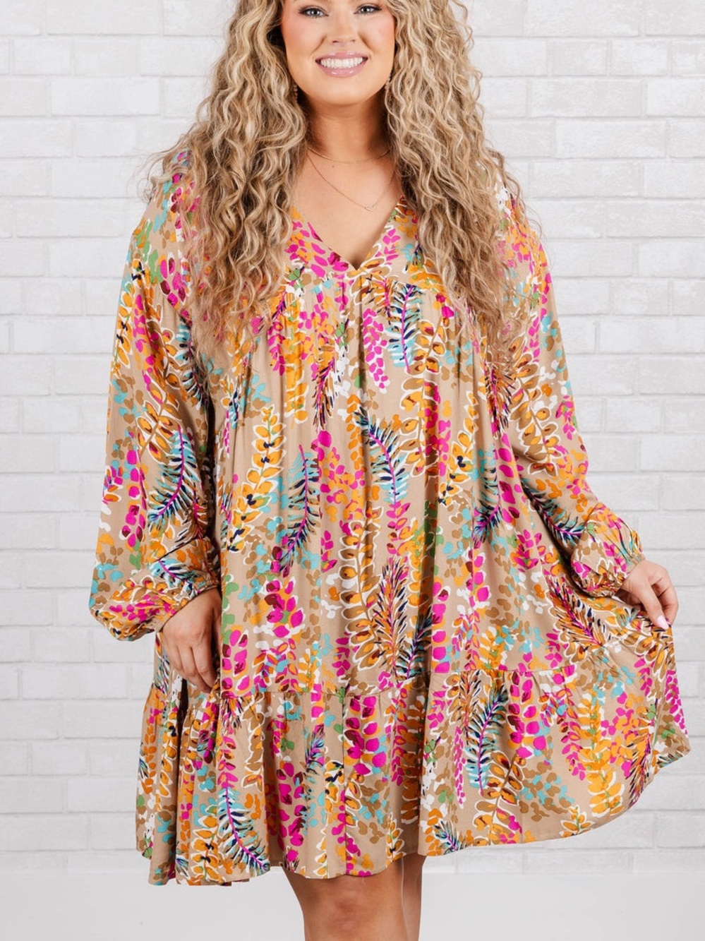 Chic Soul 2X Women’s V-Neck Floral Swing Dress in Tan with Pink & Teal Accents